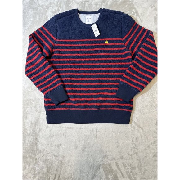 Men’s Brooks Brothers Teddy fleece pullover striped navy blue red size medium - Picture 1 of 12